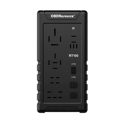 OBD relay tester RT100 with front test panel, 4-pin and 5-pin slots, power controls