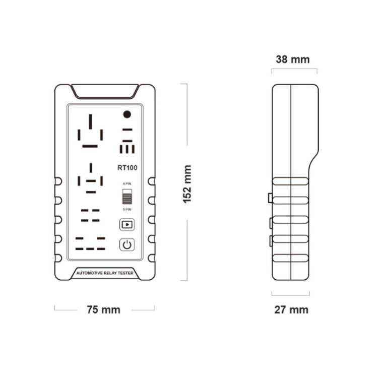RT100 relay tester size diagram with front and side dimensions in mm