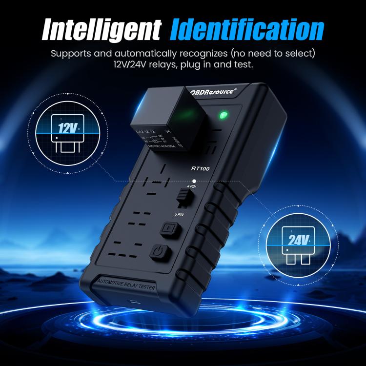 RT100 automotive relay tester with indicator light and control buttons on dark casing