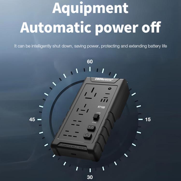 RT100 relay tester with automatic power-off feature shown by timer ring graphic