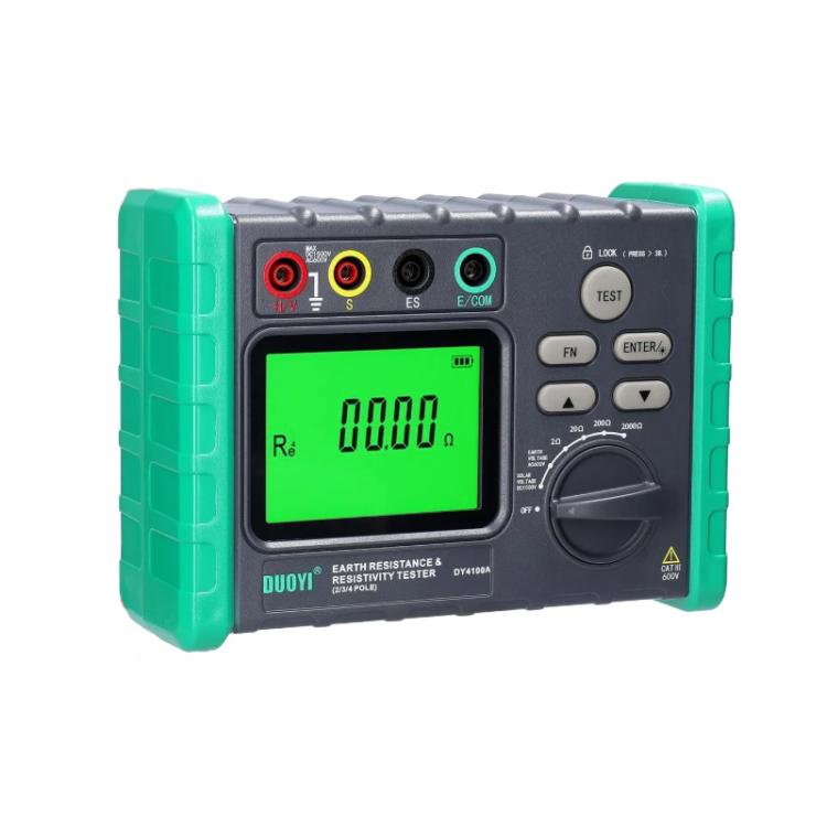 Handheld digital ground resistance meter with green screen and front terminal ports