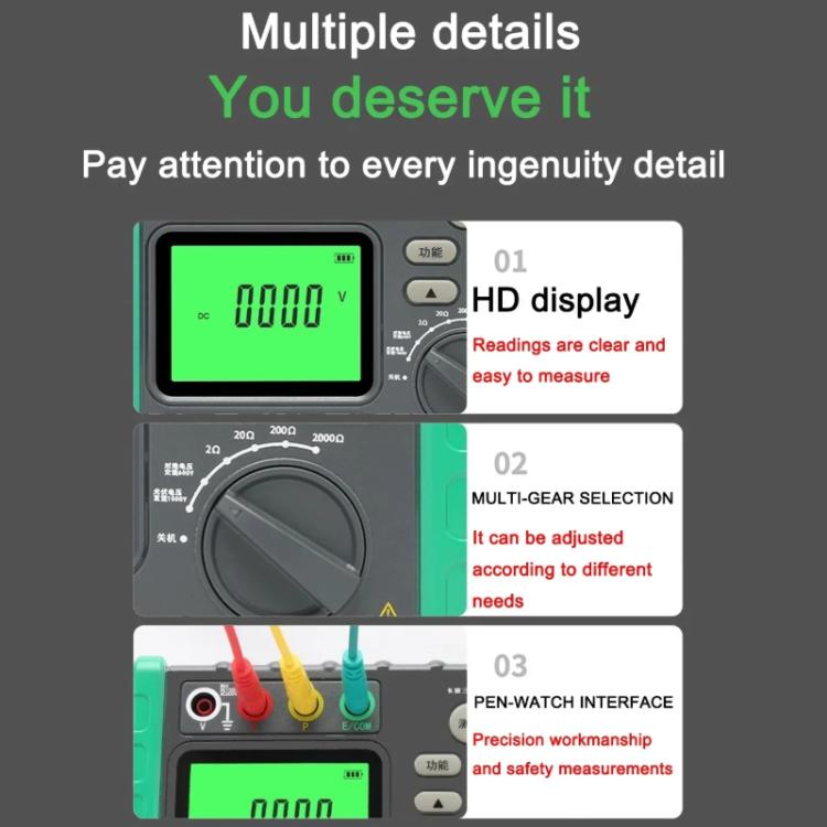 Digital ground resistance meter front panel with green LCD and multi-gear dial