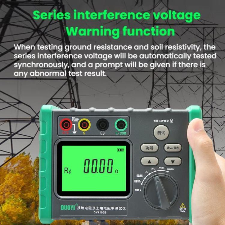 Handheld ground resistance tester held in hand with green LCD and test keypad