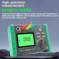 Digital ground resistance meter with connected clip leads and green LCD readout
