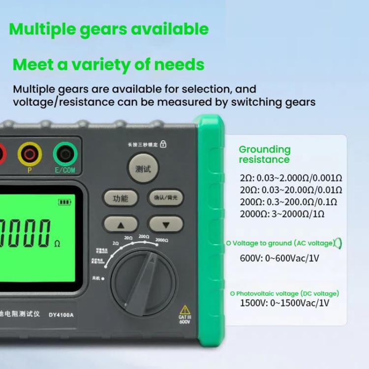 Handheld digital ground resistance meter with large selector dial and terminal connectors