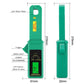 Green clamp meter tester with trigger, jaw opening, and LCD display dimensions