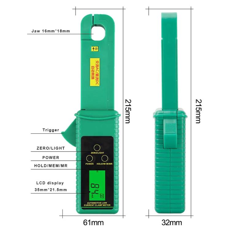 Green clamp meter tester with trigger, jaw opening, and LCD display dimensions