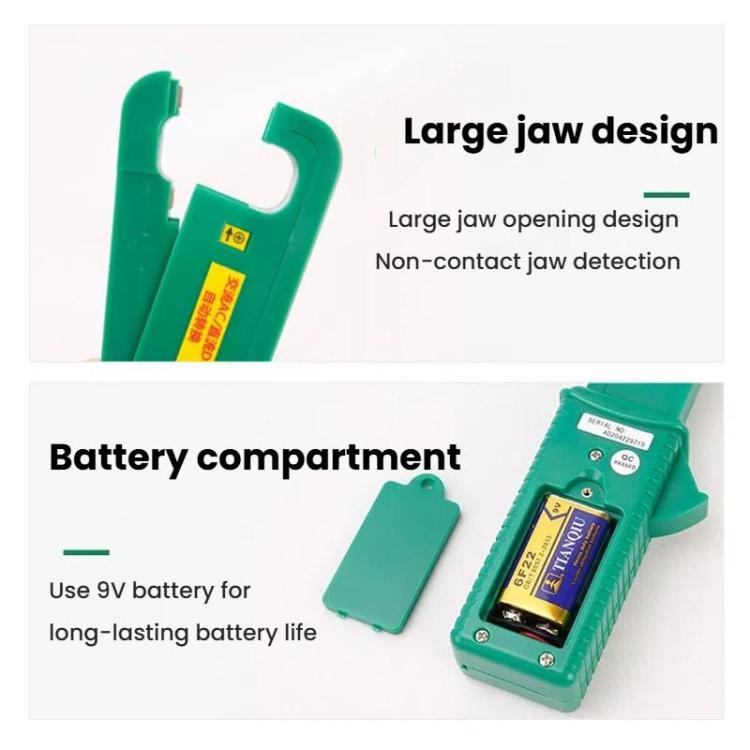 Green clamp meter tester with large jaw opening and battery compartment