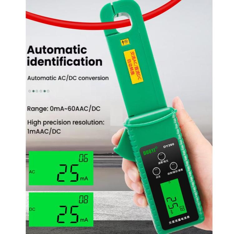 Green clamp meter tester with automatic AC/DC conversion and mA readings