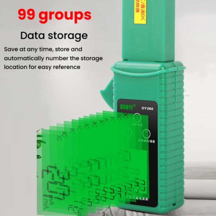 Green clamp meter tester showing data storage feature with LCD screen