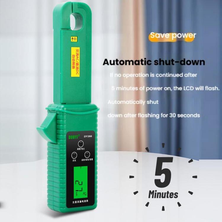 Green clamp meter tester with automatic shut-down and flashing LCD timer