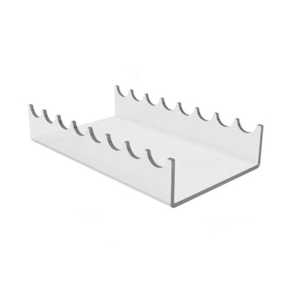 Clear acrylic makeup brush storage stand with two rows of curved slots