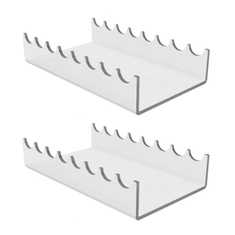 Two clear acrylic makeup brush storage stands with curved slots, shown together