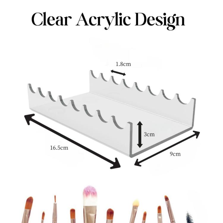 Clear acrylic makeup brush holder with long base and scalloped brush slots