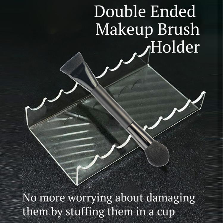 Clear acrylic double-ended makeup brush holder with two curved brush rests