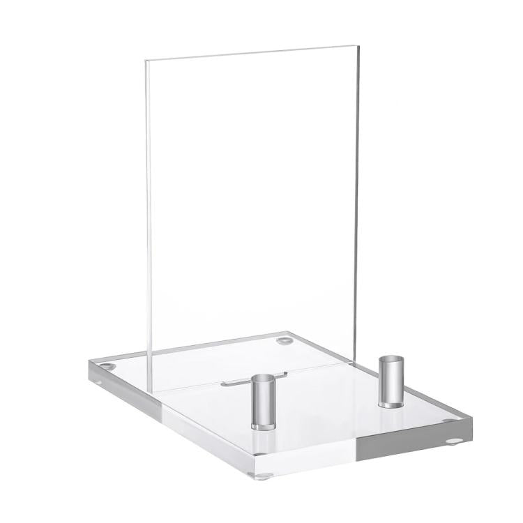 Clear acrylic picture frame plate stand with two metal risers and upright panel