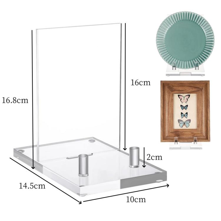 Clear acrylic picture frame plate stand with front tray and two metal supports