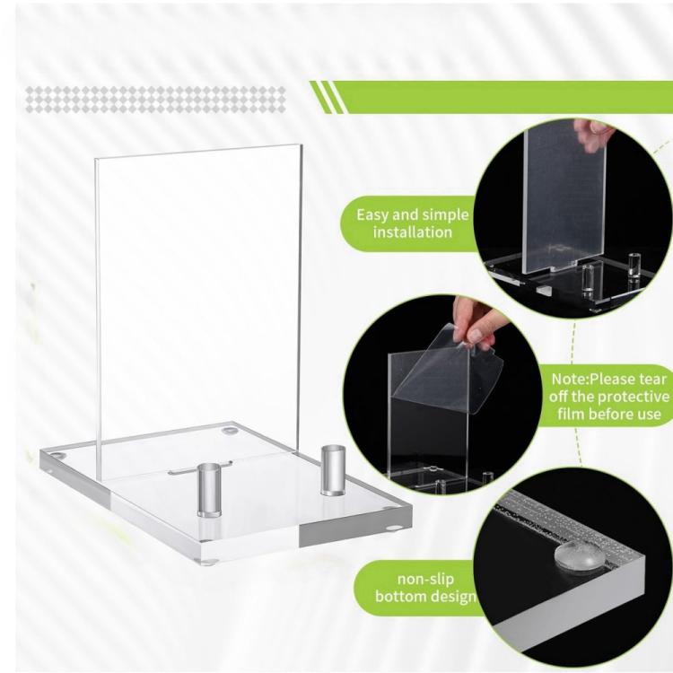 Clear acrylic plate stand with upright panel, base tray, and non-slip bottom