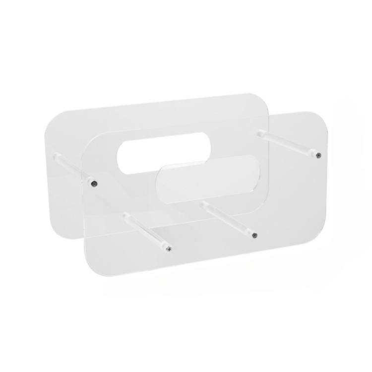 Acrylic plate display stand angled view with clear panels and support rods