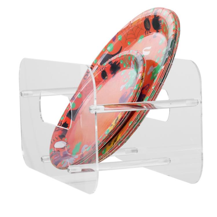 Acrylic plate display stand with a decorative plate angled on the support bars