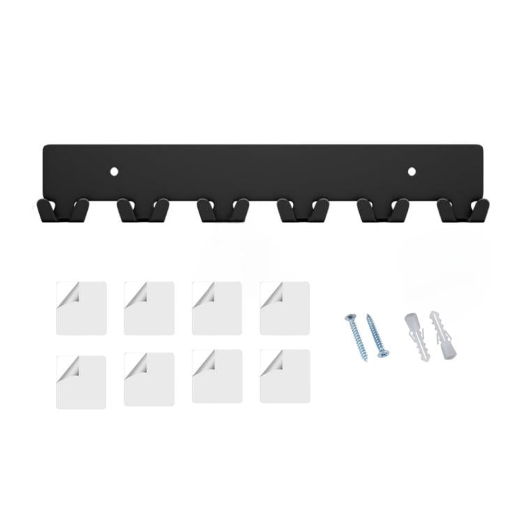 Black metal key hook rack with six angled hooks and mounting hardware