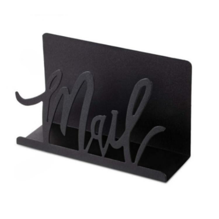 Black metal mail letter storage rack with cursive 'Mail' cutout, desk organizer