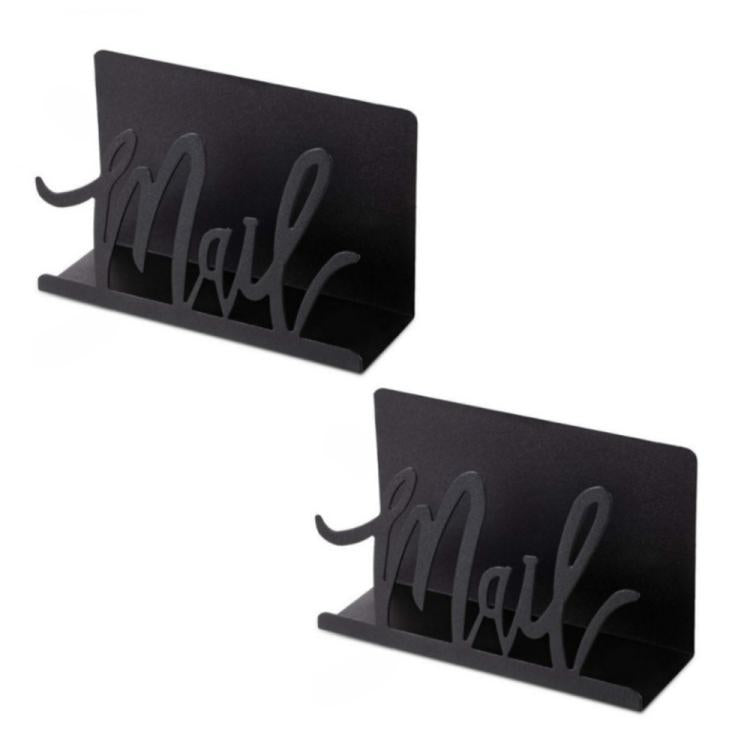 Two black metal mail letter storage racks with 'Mail' cutouts, desk mail holders