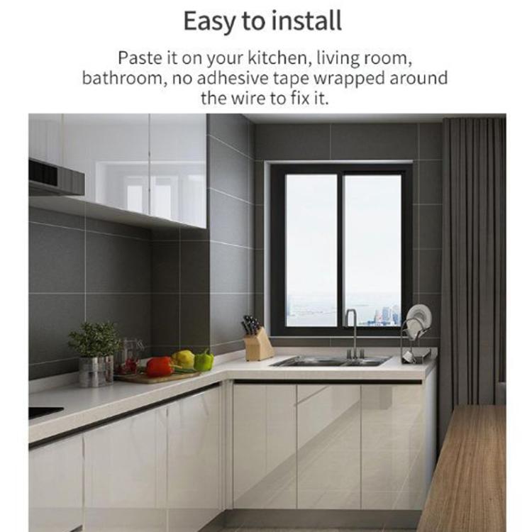 Water leak detector sensor placement near kitchen sink shown as easy to install
