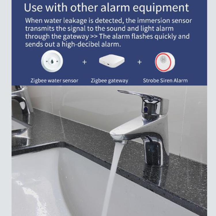 Water leak detector sensor shown with siren alarm and faucet in kitchen setup