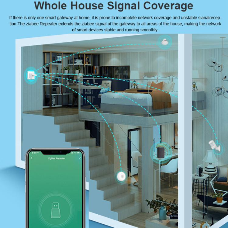 Zigbee USB signal repeater coverage graphic with glowing indicator and connected device icon