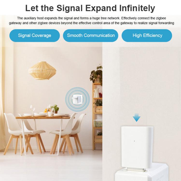 White Zigbee USB signal extender repeater shown with signal extension arrow indicator