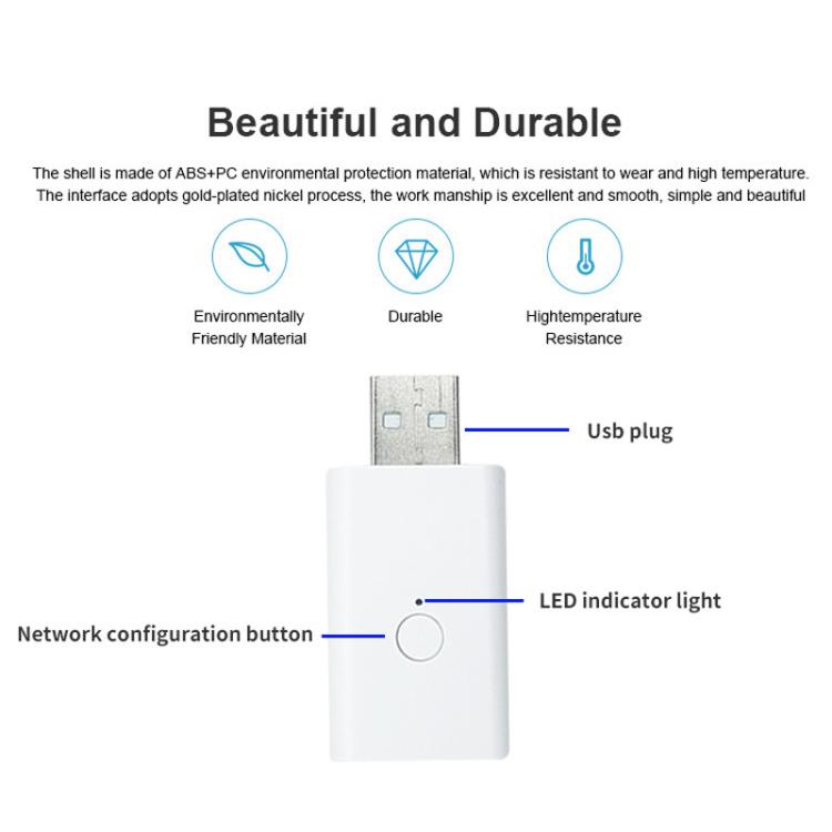 White Zigbee repeater with USB plug, LED indicator, and network configuration button