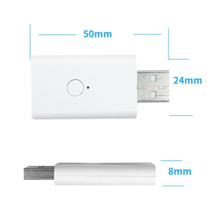 White Zigbee repeater with USB plug shown with size dimensions (50mm, 24mm, 8mm)