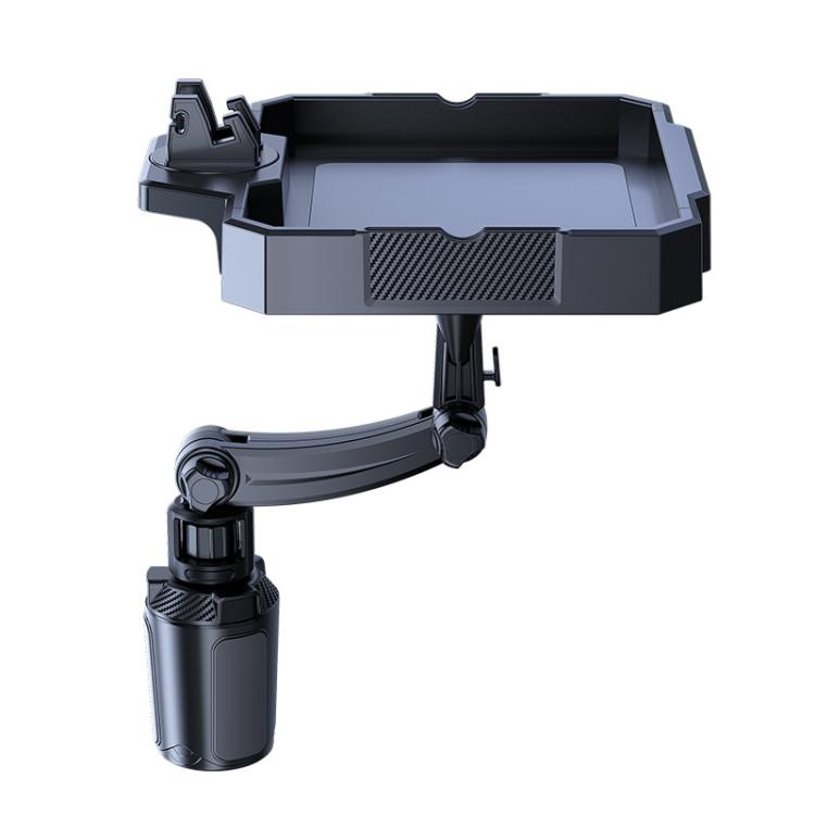Car 360-degree rotating dining tray with adjustable phone holder, black and gray
