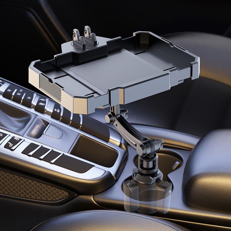 Car console mounted rotating tray with phone holder and base stand, dark gray