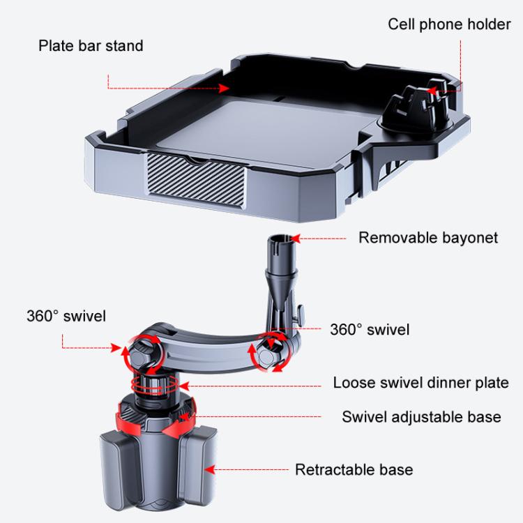 Car tray stand features 360° swivel base and removable bayonet, dark gray