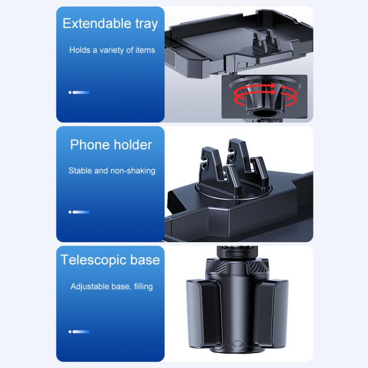Car tray holder system with expandable tray, phone holder, and telescopic base, black