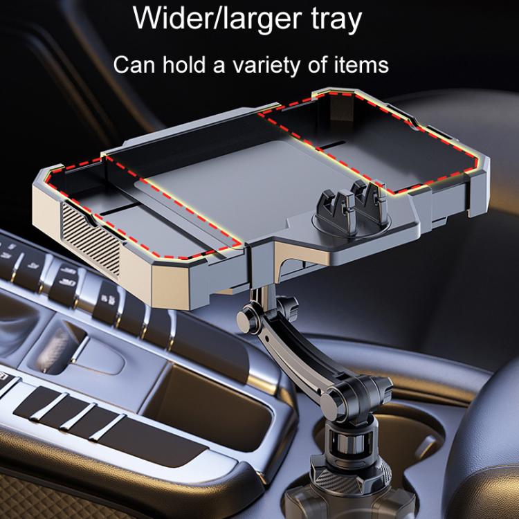 Wider car rotating tray on dashboard mount with adjustable base, black and gray