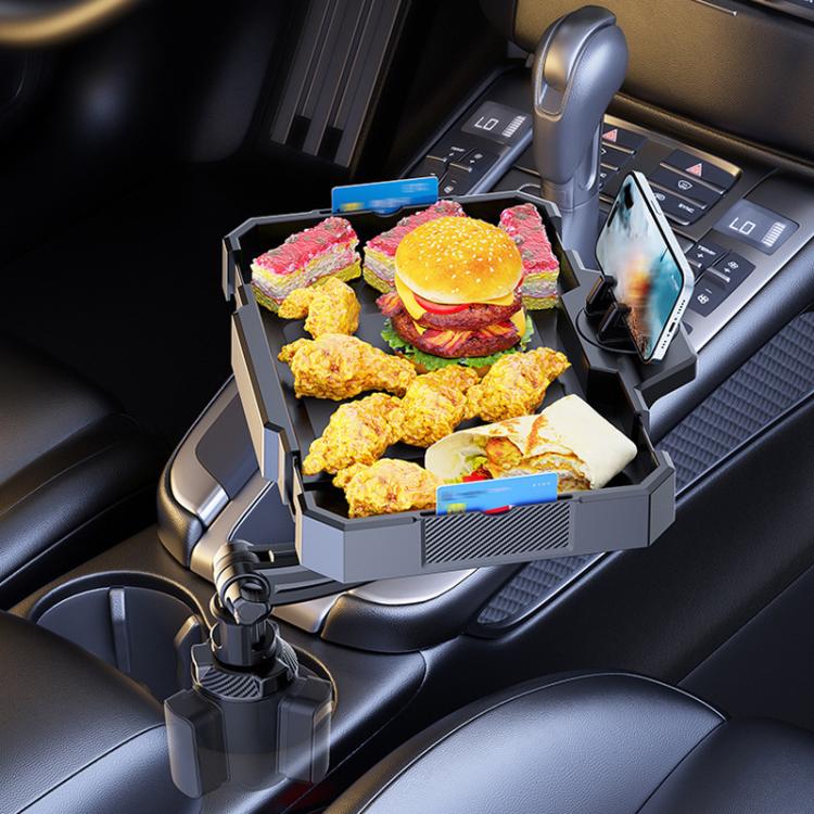 Car rotating dining tray with adjustable phone holder, holding food items on seat