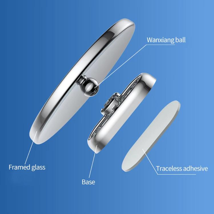 Auxiliary rearview mirror kit with round lens, base, and adhesive pieces shown