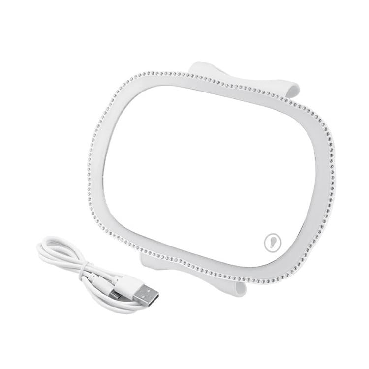 White oval LED vanity mirror for car sun visor, with USB charging cable