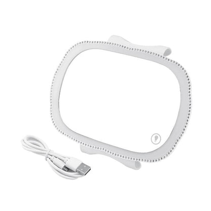 White oval LED vanity mirror for car sun visor, with USB charging cable