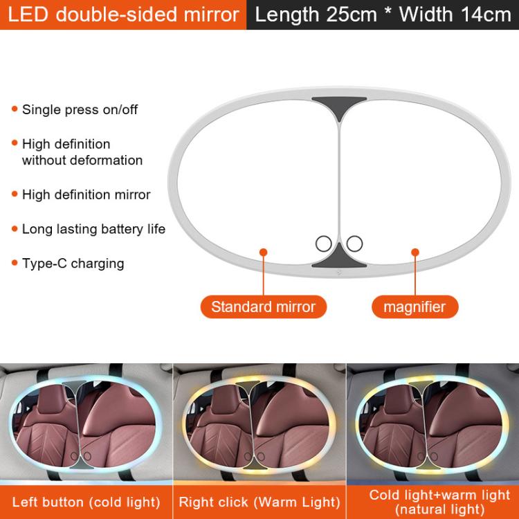 Car sun visor LED mirror with standard and magnifier sections on an oval frame