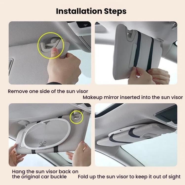 Car sun visor LED mirror being fitted into a sun visor with hands and clips