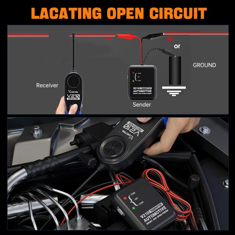 Automotive circuit tester in car engine bay showing receiver and sender on wires