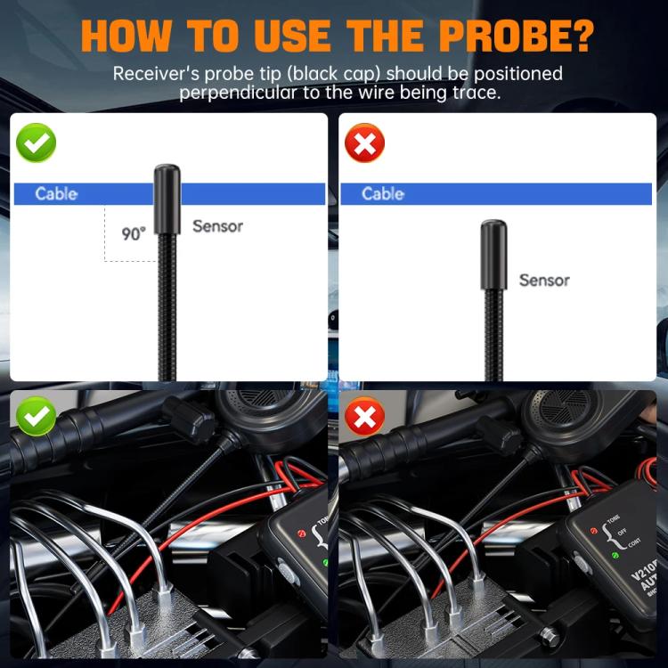 Automotive circuit tester probe positioning for tracing wire with sensor tip