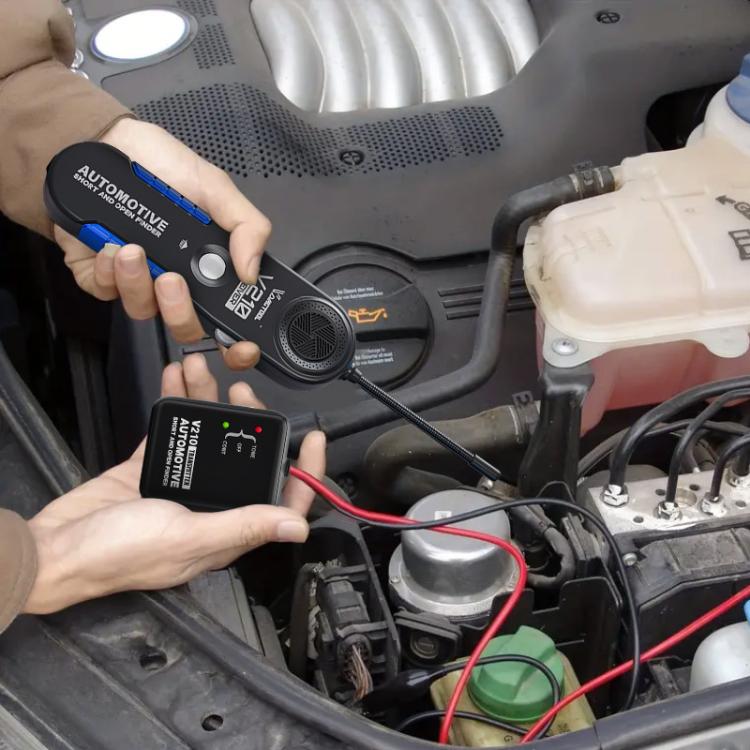 Handheld use of automotive circuit tester in engine bay with receiver probe and sender