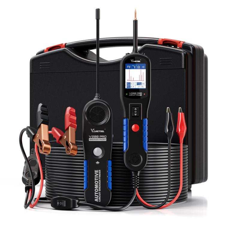 Automobile circuit fault detector kit with handheld tester, probes, and battery clamps