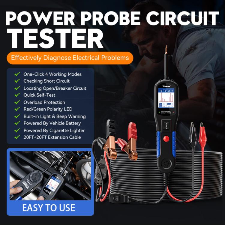 Automobile power circuit probe tester with handheld display and red/black test clips