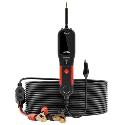 Automotive circuit tester with coiled cable, display probe, and red/black alligator clips